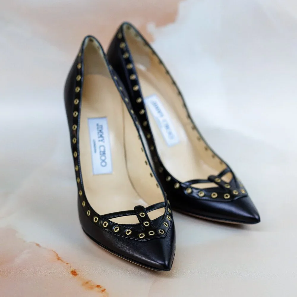 Vintage Jimmy Choo Black Leather High Heels Shoes - Picture 2 of 9